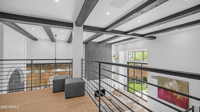 4434 E Camelback Rd Unit 128, Phoenix, AZ 85018 - hallway with beam ceiling, wood finished floors, and recessed lighting