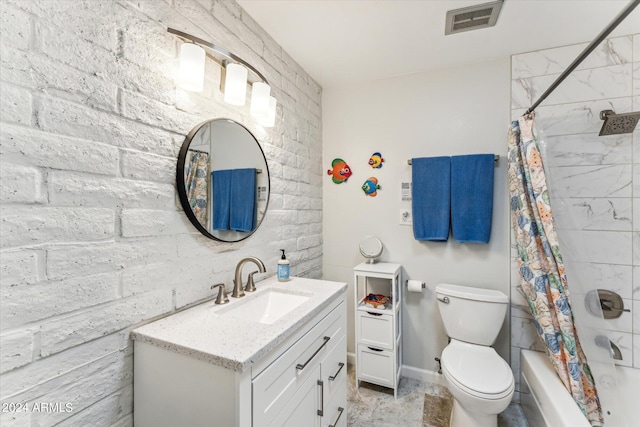 full bathroom featuring vanity, toilet, and shower / bathtub combination with curtain