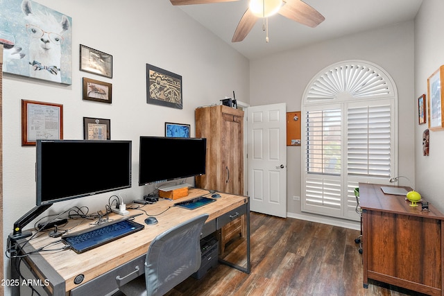 10838 N 10th St, Phoenix, AZ 85020 - home office with dark wood-style floors, ceiling fan, and baseboards