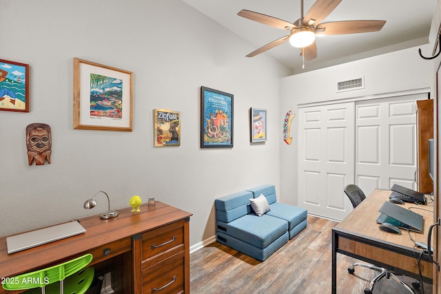 10838 N 10th St, Phoenix, AZ 85020 - office with wood finished floors, a ceiling fan, lofted ceiling, and baseboards