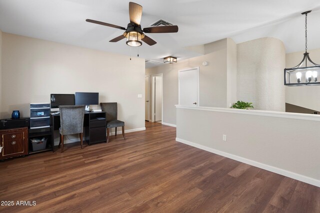 7503 W Julie Dr, Glendale, AZ 85308 - home office with a ceiling fan, dark wood finished floors, baseboards, and a chandelier