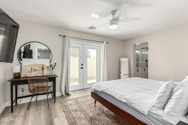 7440 E Hubbell St, Scottsdale, AZ 85257 - bedroom featuring french doors, access to outside, wood finished floors, and ceiling fan