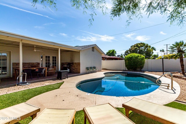 7440 E Hubbell St, Scottsdale, AZ 85257 - view of pool with french doors, a fenced backyard, a patio area, and ceiling fan