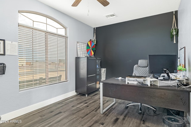 office area with ceiling fan and hardwood / wood-style flooring