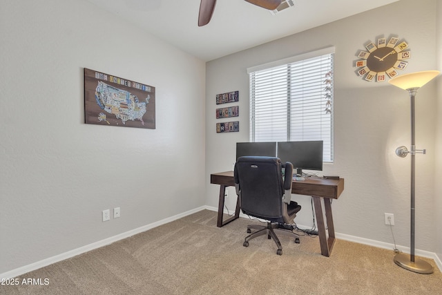 office featuring light colored carpet and ceiling fan