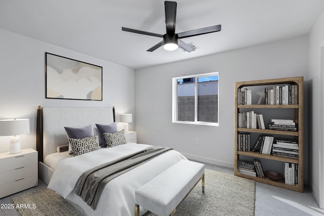 carpeted bedroom featuring ceiling fan