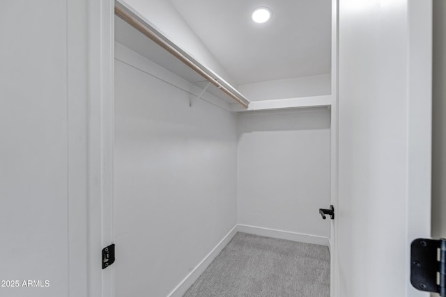 spacious closet featuring light colored carpet