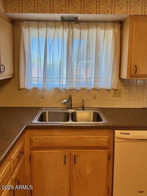 kitchen with white dishwasher, sink, and backsplash