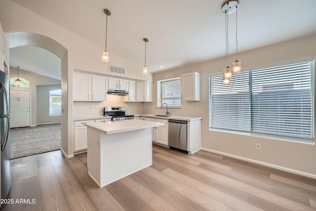 12333 W Marshall Ave, Litchfield Park, AZ 85340 - kitchen with visible vents, a sink, appliances with stainless steel finishes, under cabinet range hood, and lofted ceiling