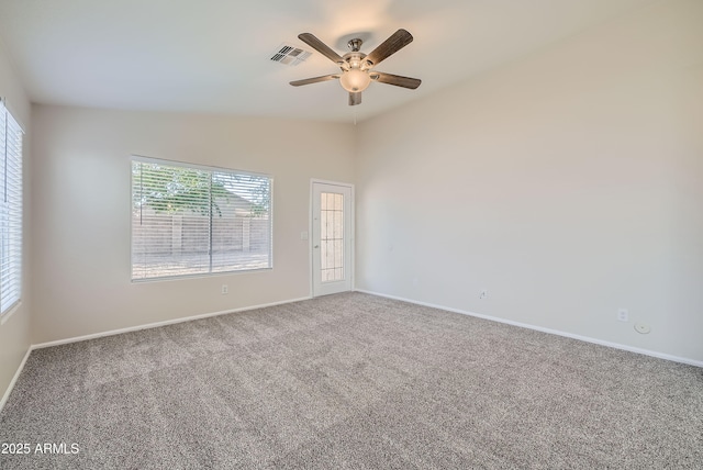 12333 W Marshall Ave, Litchfield Park, AZ 85340 - spare room featuring visible vents, baseboards, a ceiling fan, carpet floors, and vaulted ceiling