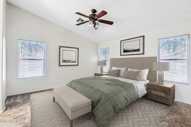 12333 W Marshall Ave, Litchfield Park, AZ 85340 - bedroom featuring carpet, vaulted ceiling, and a ceiling fan