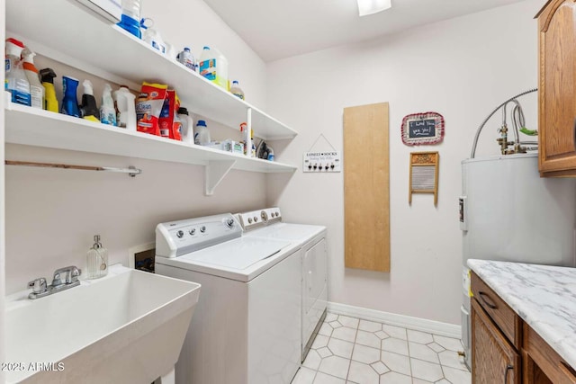 3750 E Palm St, Mesa, AZ 85215 - laundry area with washer and clothes dryer, cabinet space, water heater, and baseboards