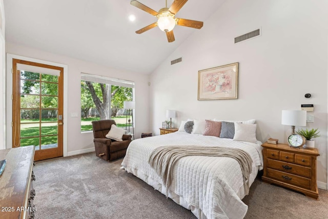3750 E Palm St, Mesa, AZ 85215 - bedroom featuring access to outside, carpet floors, high vaulted ceiling, baseboards, and a ceiling fan