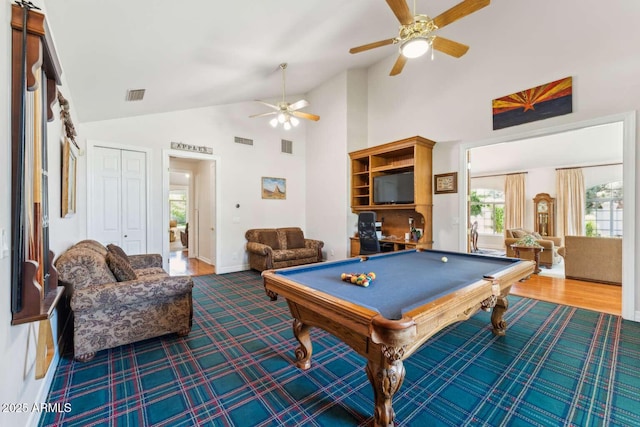 3750 E Palm St, Mesa, AZ 85215 - rec room featuring a ceiling fan, pool table, high vaulted ceiling, and baseboards