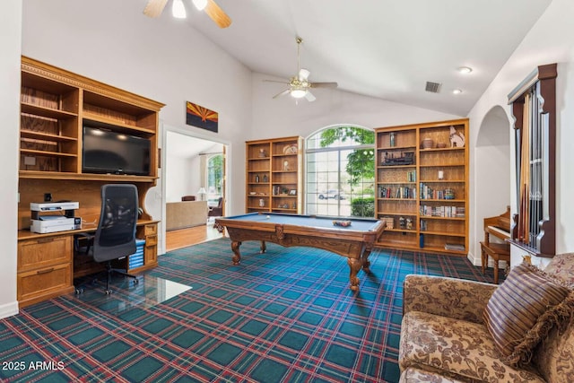 3750 E Palm St, Mesa, AZ 85215 - game room with ceiling fan, vaulted ceiling, billiards, and a desk