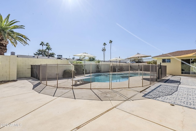 view of swimming pool featuring a fenced in pool, a fenced backyard, and a patio