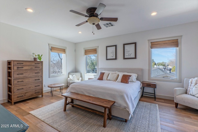 bedroom featuring ceiling fan and light hardwood / wood-style floors