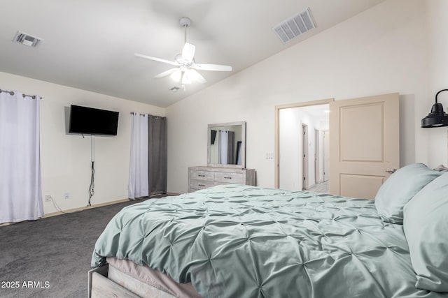 bedroom featuring vaulted ceiling, ceiling fan, and dark colored carpet