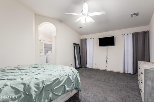 bedroom with vaulted ceiling, ceiling fan, and dark carpet