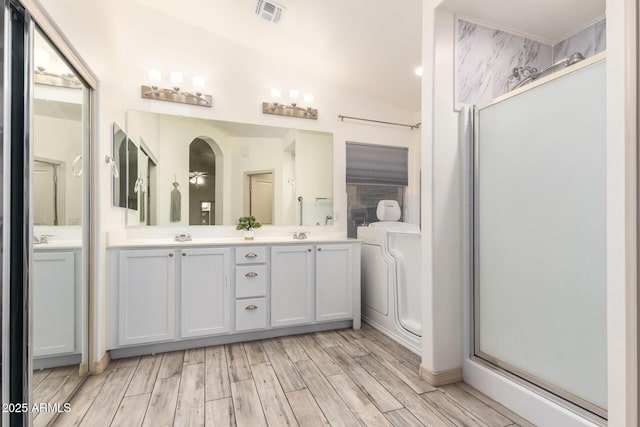 bathroom with vanity, lofted ceiling, and walk in shower