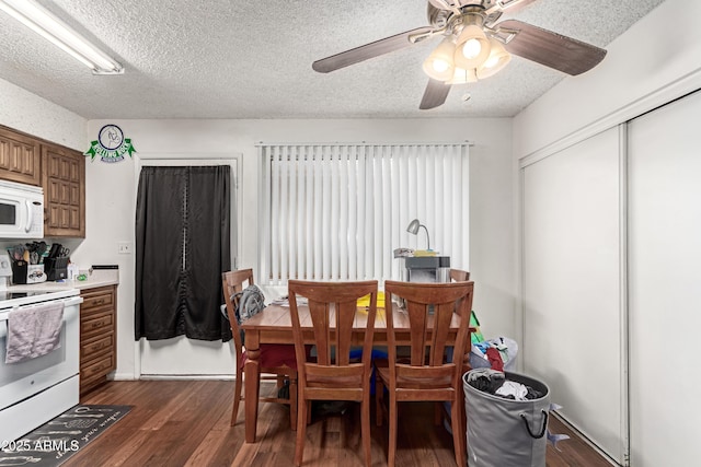 dining room featuring dark wood-style floors, a textured ceiling, and a ceiling fan