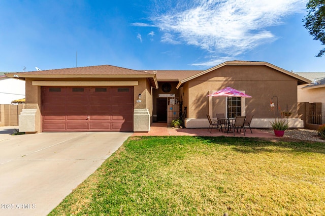 ranch-style home featuring a front yard, concrete driveway, an attached garage, and stucco siding