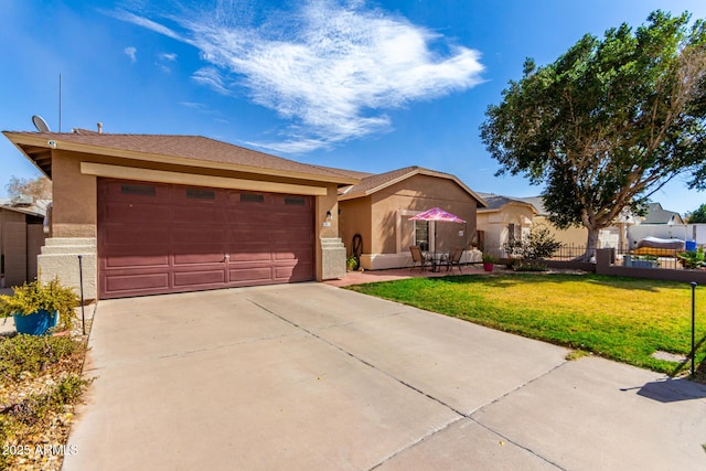 ranch-style house with concrete driveway, an attached garage, fence, a front lawn, and stucco siding