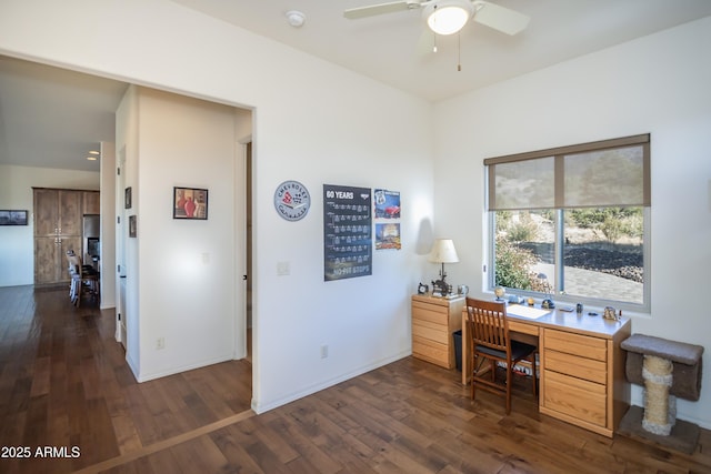 office space featuring dark wood-type flooring and ceiling fan