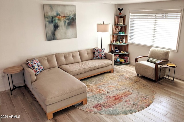 living room featuring wood finished floors and baseboards