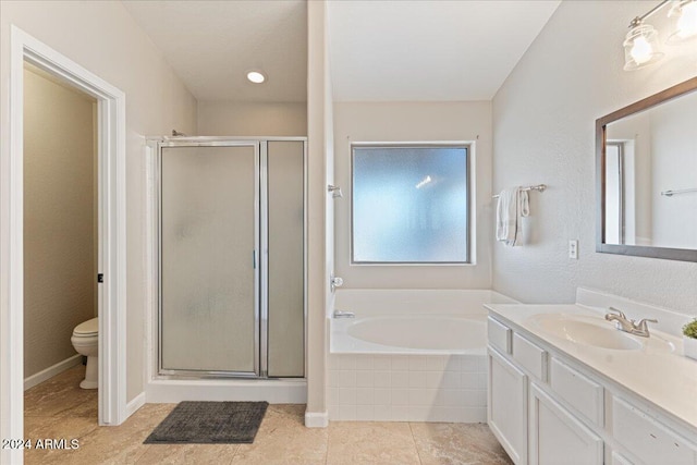 full bathroom featuring vanity, plus walk in shower, toilet, and tile patterned floors