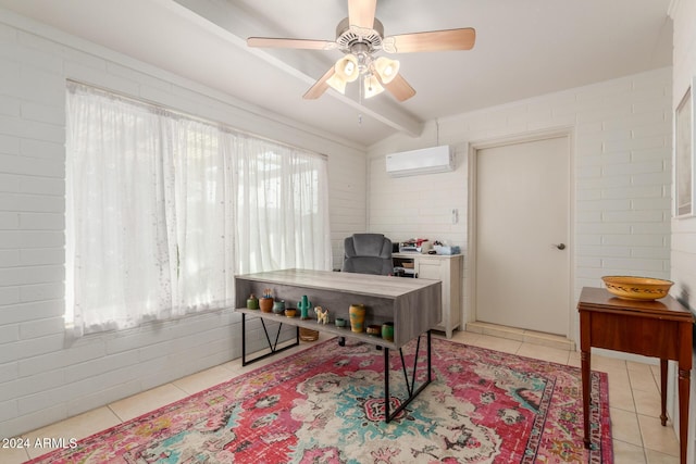 office area with ceiling fan, vaulted ceiling with beams, brick wall, a wall unit AC, and light tile patterned floors