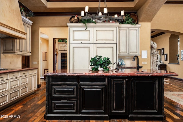 bar area with decorative backsplash, dark wood-style floors, custom exhaust hood, crown molding, and wine cooler
