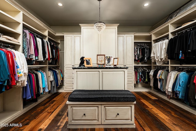 walk in closet with dark wood-style floors