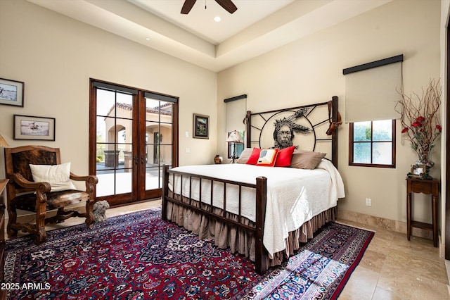 bedroom featuring french doors, access to exterior, recessed lighting, baseboards, and a ceiling fan