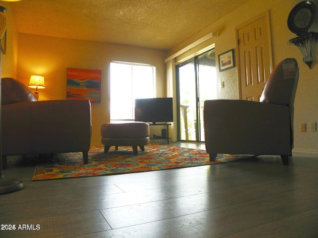 living area featuring a textured ceiling and hardwood / wood-style floors