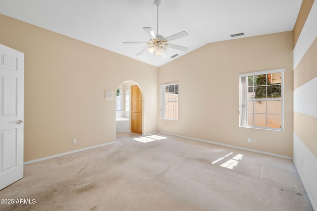 4701 N Sheridan Ln, Prescott Valley, AZ 86314 - spare room with a ceiling fan, lofted ceiling, carpet, arched walkways, and baseboards