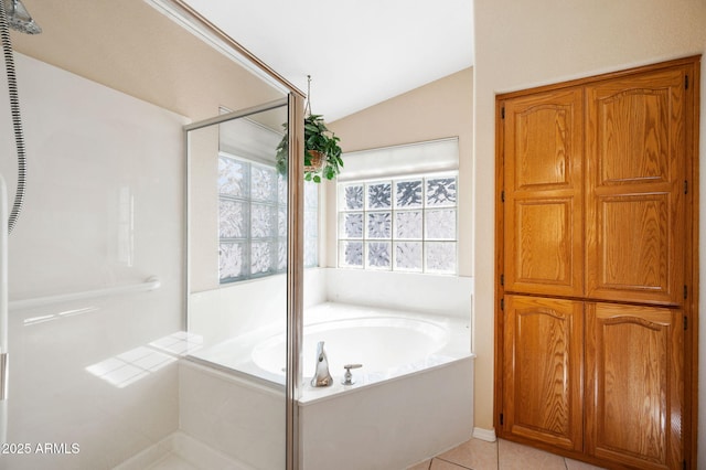 4701 N Sheridan Ln, Prescott Valley, AZ 86314 - full bathroom featuring lofted ceiling, a bath, a stall shower, and tile patterned flooring