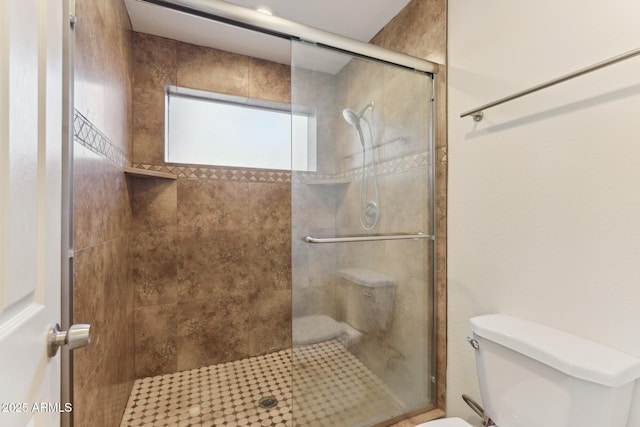 bathroom featuring toilet and a shower with door