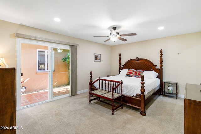 bedroom with access to outside, ceiling fan, and light carpet