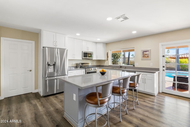 kitchen with white cabinetry, a kitchen island, dark hardwood / wood-style floors, and appliances with stainless steel finishes