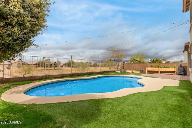 view of pool featuring a fenced backyard, a fenced in pool, and a lawn