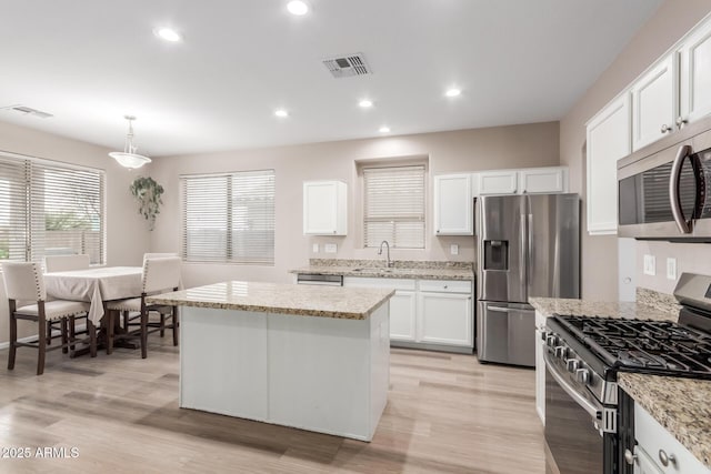 kitchen with appliances with stainless steel finishes, white cabinets, visible vents, and a sink