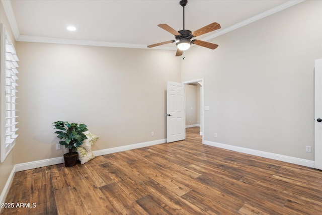 23705 N Chaps Dr, Florence, AZ 85132 - unfurnished room with a ceiling fan, crown molding, wood finished floors, baseboards, and recessed lighting