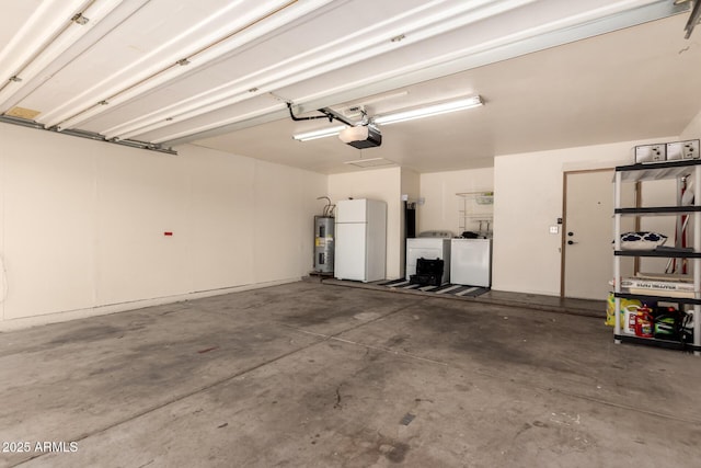 830 E Gila Ln, Chandler, AZ 85225 - garage featuring washer and dryer, fridge, water heater, and a garage door opener