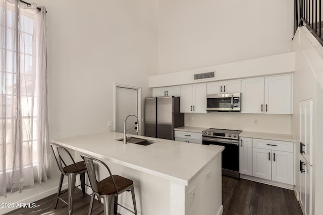 830 E Gila Ln, Chandler, AZ 85225 - kitchen featuring stainless steel appliances, a sink, dark wood-style flooring, white cabinetry, and a towering ceiling