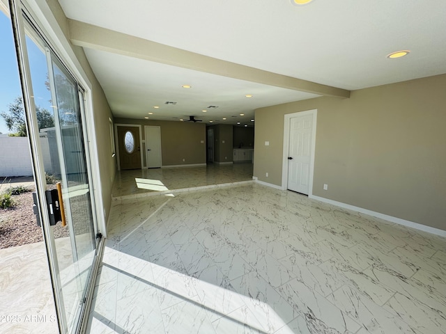 unfurnished room with marble finish floor, recessed lighting, a ceiling fan, and baseboards