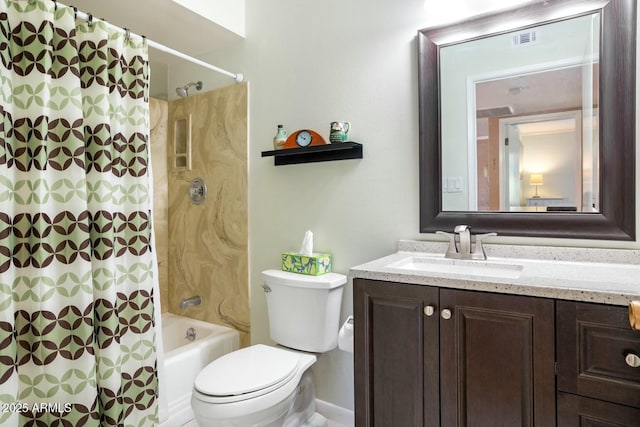 full bathroom featuring toilet, shower / tub combo, visible vents, and vanity