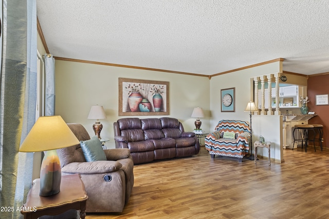 living room featuring hardwood / wood-style flooring, ornamental molding, and a textured ceiling