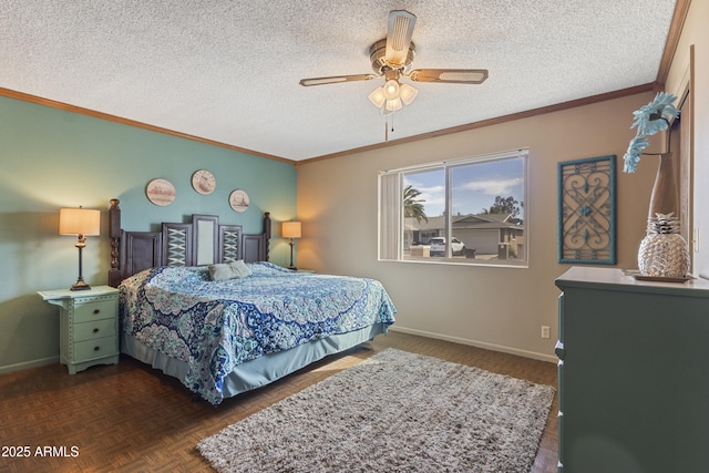 bedroom featuring crown molding, ceiling fan, dark parquet flooring, and a textured ceiling