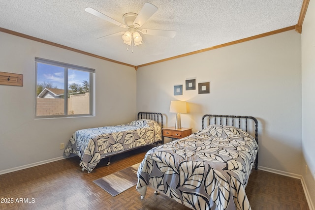 bedroom featuring crown molding, dark parquet flooring, and a textured ceiling